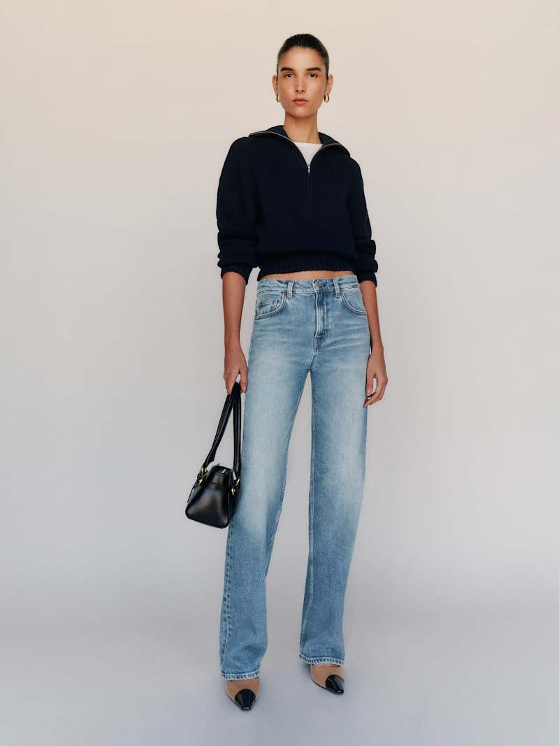 Reformation Miles Stretch Mid Rise Straight Leg Jeans Blue 23 | Reformation (Global)
