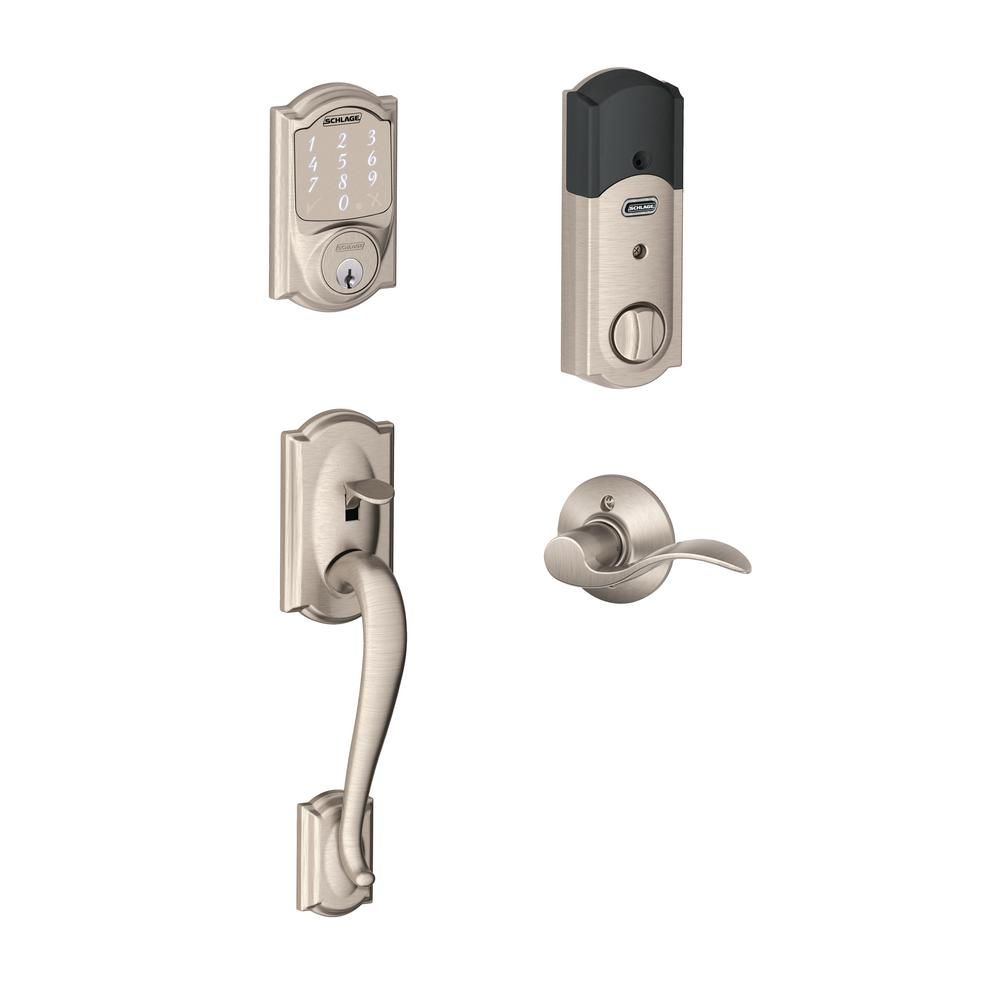 Schlage Camelot Satin Nickel Sense Smart Lock with Right Handed Accent Lever Door Handleset-BE479AA  | The Home Depot