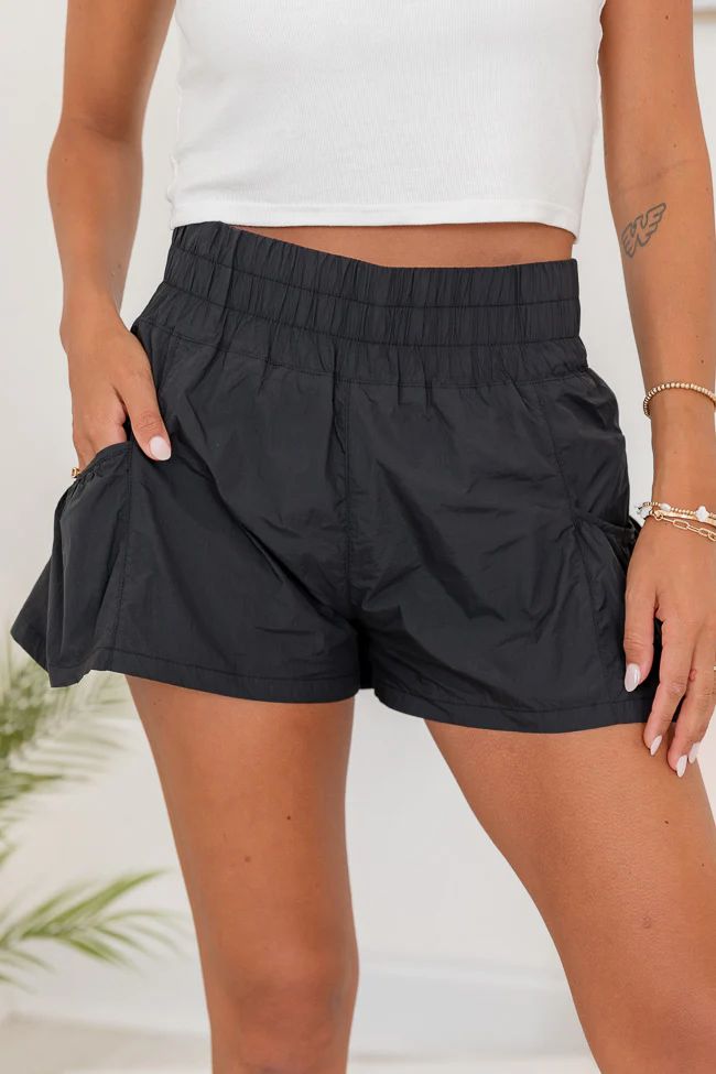 Flow And Chill Black Nylon Smocked Waist Running Shorts | Pink Lily