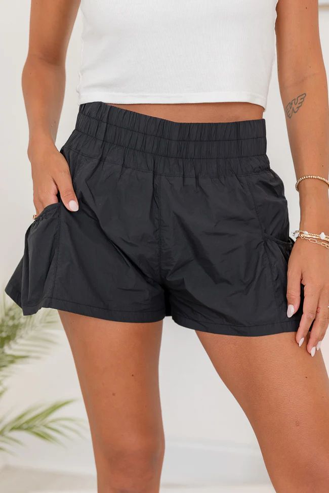 Flow And Chill Black Nylon Smocked Waist Running Shorts SALE | Pink Lily