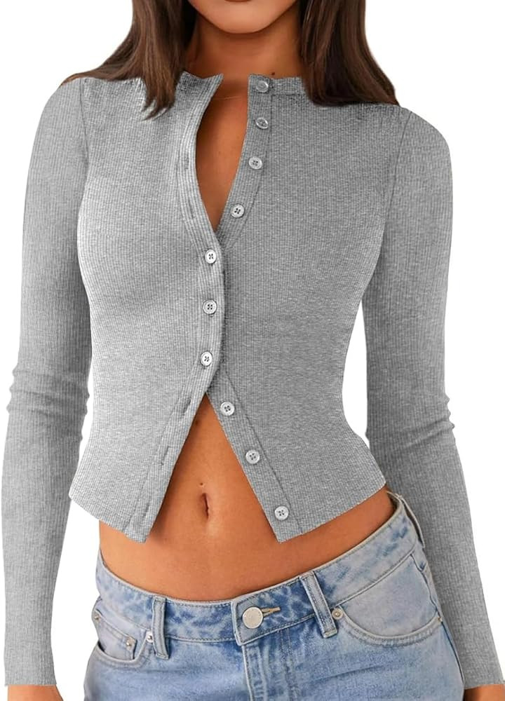 Womens Long Sleeve Tops Fall Lightweight Cardigan Cropped Going Out Shirts Ribbed Button Down Cut... | Amazon (US)