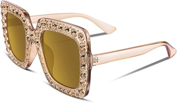 FEISEDY Women Sparkling Crystal Sunglasses Oversized Square Thick Frame B2283 | Amazon (US)