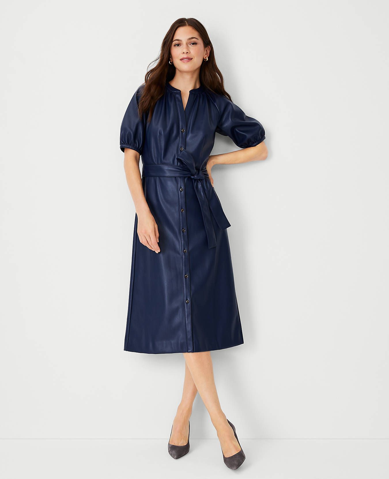 Faux Leather Belted Dress | Ann Taylor (US)