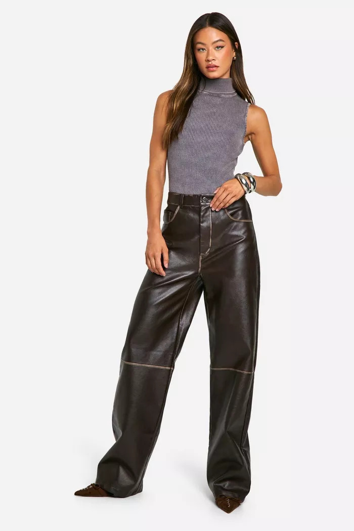 Tall Vintage Wash Faux Leather Wide Leg Trousers | Boohoo.com (UK & IE)