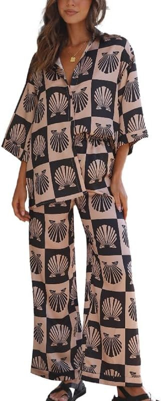 Women Y2K Graphic 2 Piece Outfit Short Sleeve Button Down Blouse Wide Leg Lounge Pants Set Summer... | Amazon (US)