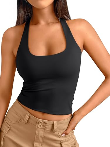 Trendy Queen Halter Tops for Women 2026 Spring Fashion Summer Going Out Tops Backless Crop Sleeveless Workout Shirts Beach Vacation Outfits Casual Cute Y2k Clothes Black | Amazon (US)