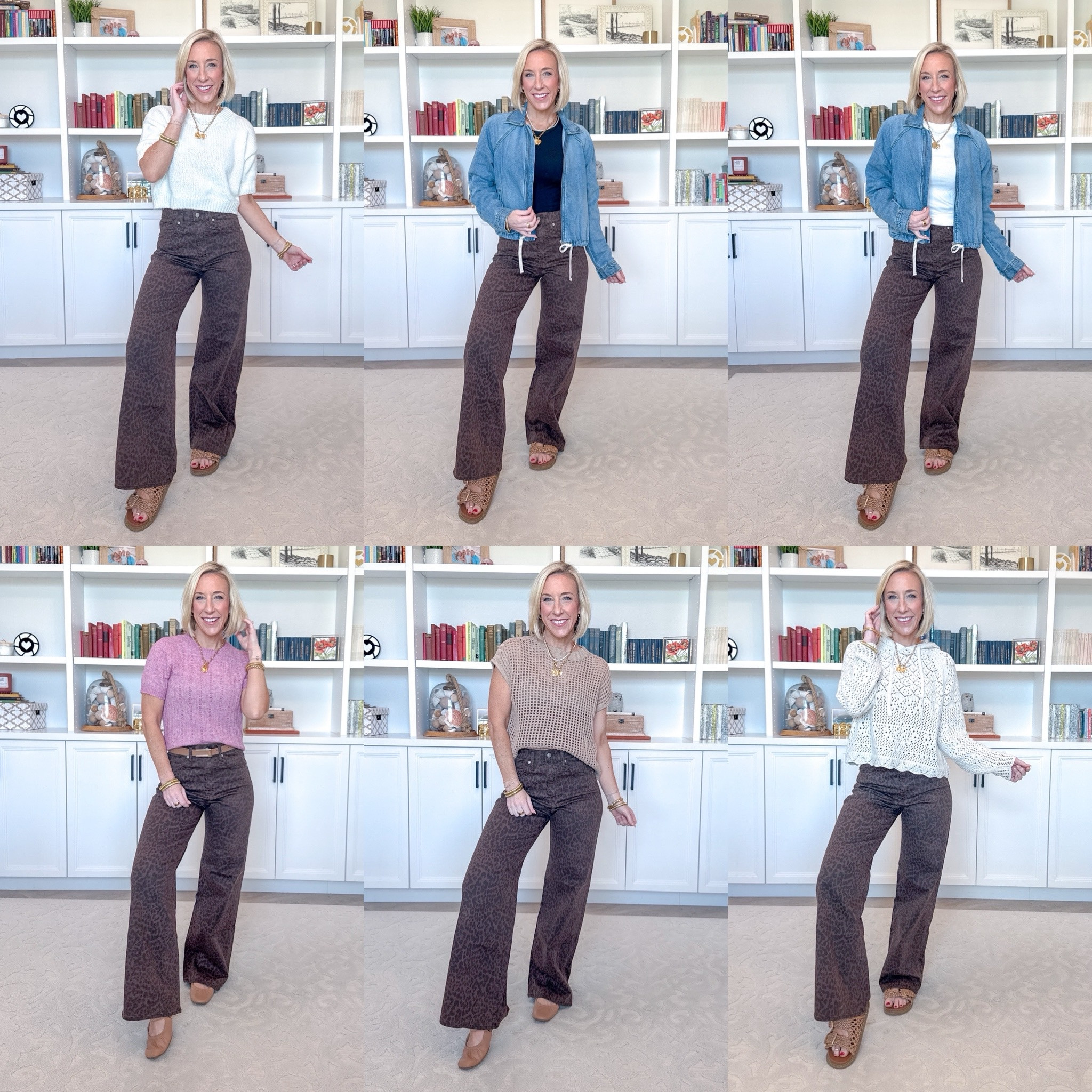 Leopard Jean - 1 pair - 6 easy outfits. * High Rise Wide-Leg Sweatpant Jeans - size 25, regular length. Also comes in Washed Black. 1. High Rise Leopard Print Wide-Leg Jeans - I’m wearing a size 25, regular length, but I want to order the size 25 (wasn’t in store) and in the short length. Currently 60% off PLUS an extra 10% off in cart! (now $32.40!). 2. Short sleeve sweater - size MEDIUM (I sized up one). 3. Black T-Shirt - size small. 4. Denim Bomber Jacket - size XS. $36. 5. White Ribbed T-Shirt - size small. 6. Short Sleeve Pointelle Crewneck Sweater - size small. $25. 7. Crochet Cap Sleeve Sweater - size small. 8. Pointelle Hoodie Sweater w/ Long Sleeves - size Small. $29.50. 

 

#LTKootd #LTKOver40 #LTKSaleAlert