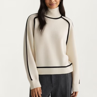 Anna-Kaci Women's Turtleneck Pullover Top with Contrast Trim Details and Ribbed Hemline for a Clean Modern Silhouette - Small, Light Beige | Target