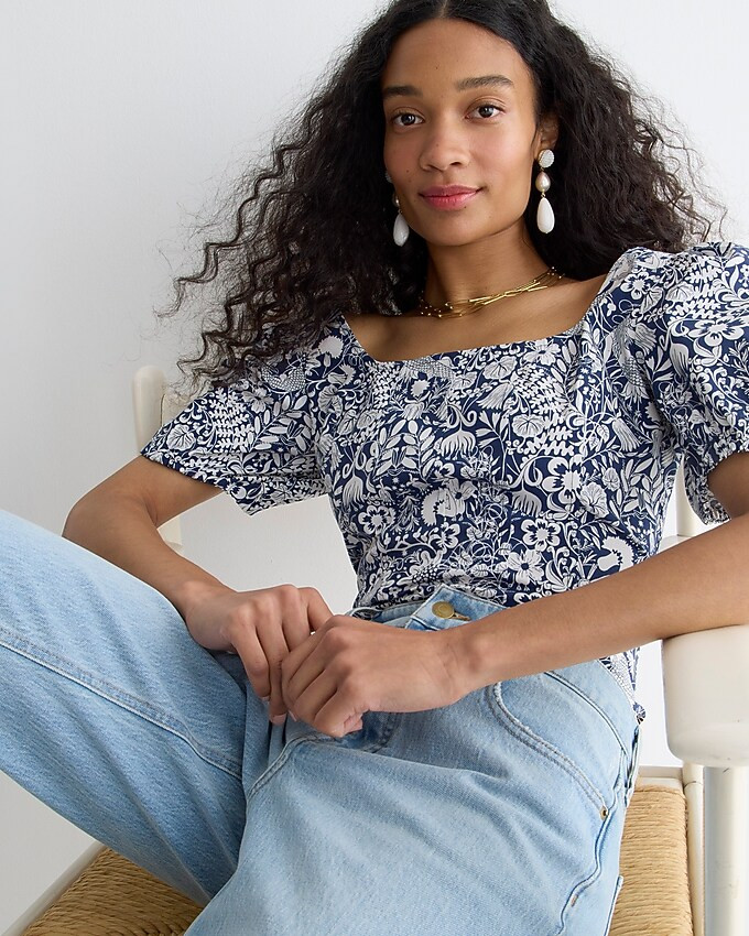 Puff-sleeve cotton poplin squareneck top in mermaid floral | J. Crew US