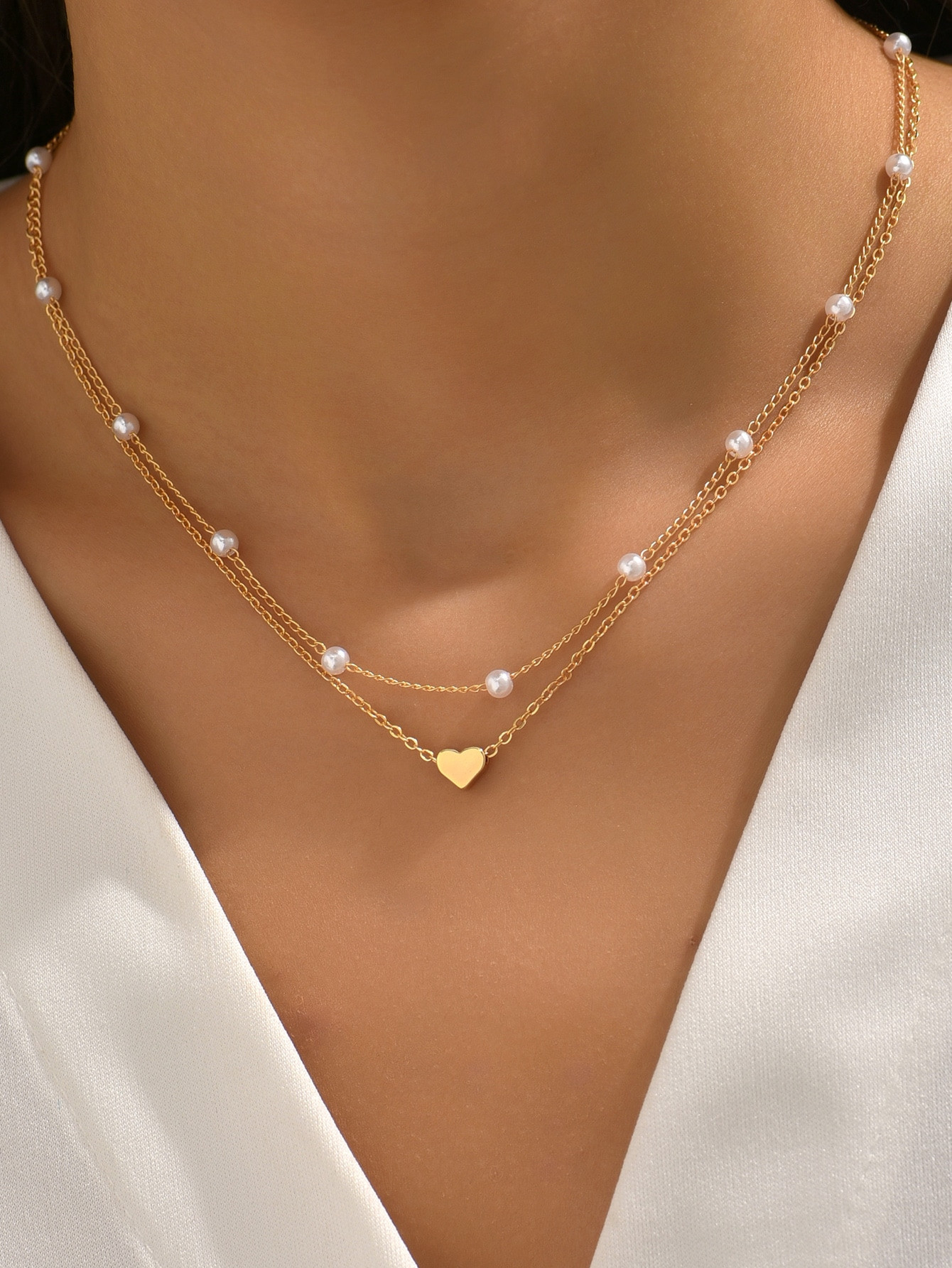 2pcs/set Fashion Heart & Faux Pearl Decor Necklace For Women For Daily Decoration Copper Jewelry | SHEIN
