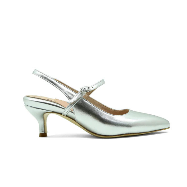 Silver Metallic Leather Mary Jane Slingback Kitten Heel | ALLY Shoes