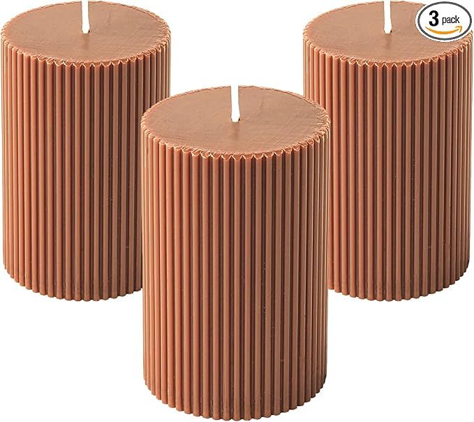 3-Pack Brown Ribbed Pillar Candles Unscented, 2.75x4 Inches Maroon Brown Candles Handmade, Aesthe... | Amazon (US)