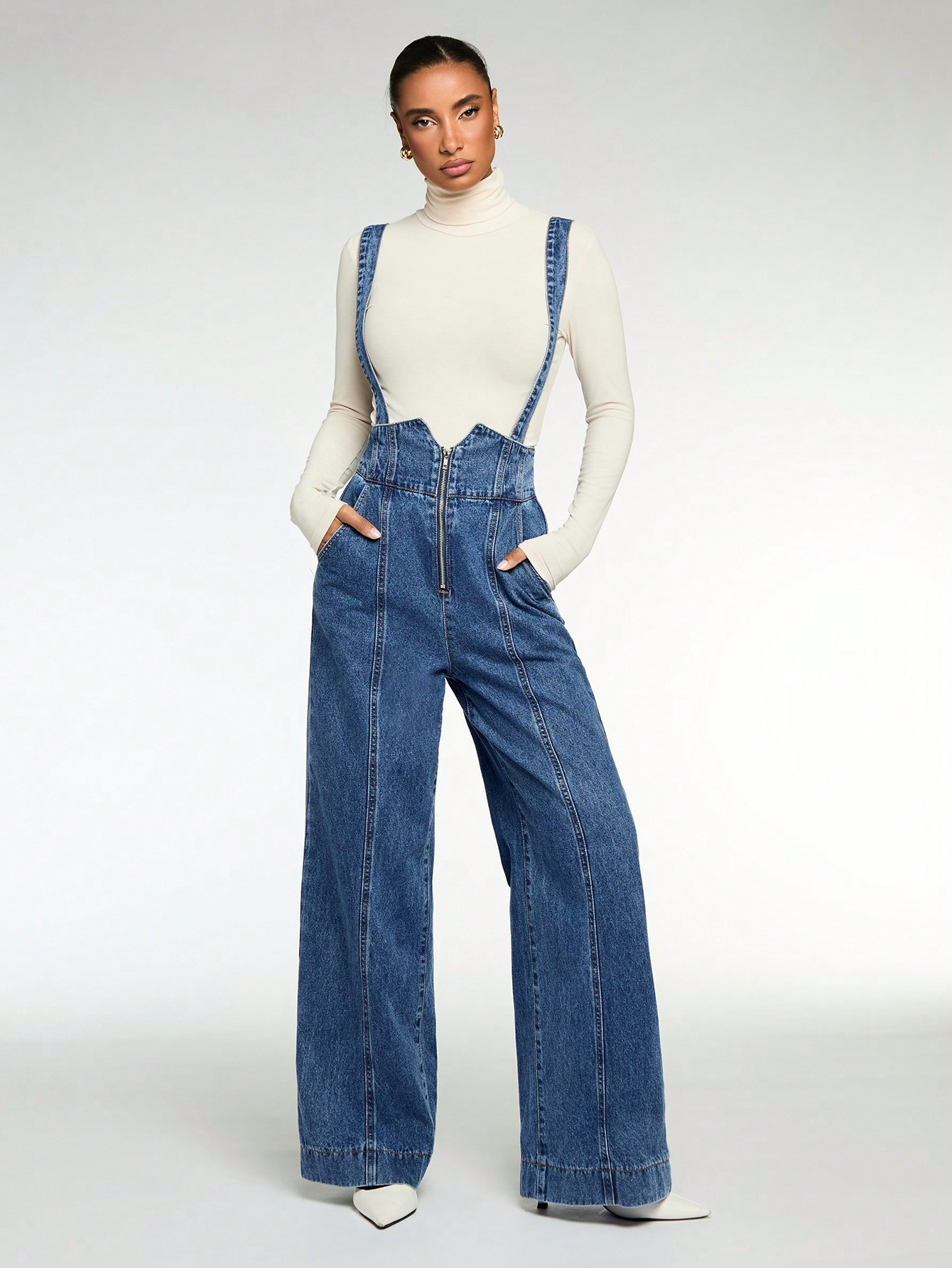 SHEIN Essnce Women's Denim Bib Overall Pants And Jumpsuit, Casual Loose Fit Blue Color | SHEIN