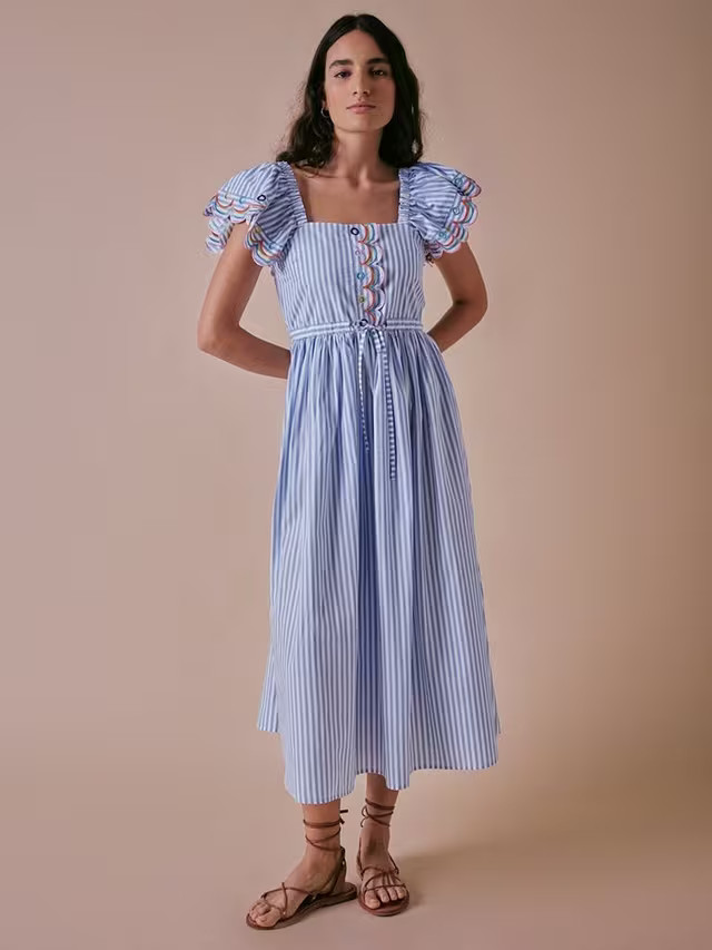 Cape Cove Stripe Scallop Detail Tiered Dress, Blue/White | John Lewis (UK)