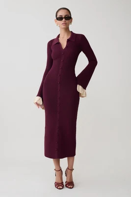 Amirose Ruffle Knit Midi Dress - Plum I MESHKI I Size 3XL | MESHKI US
