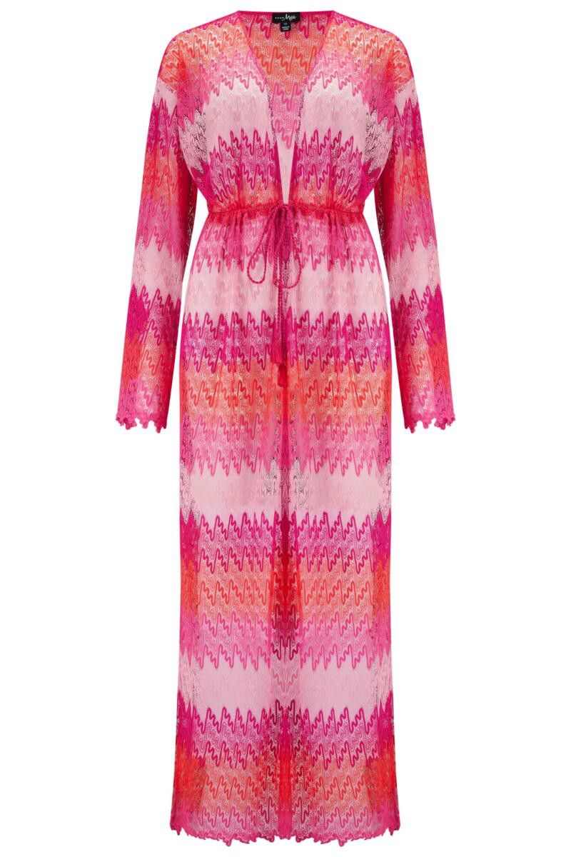 Colour Block Crochet Co-ord Maxi Beach Kimono - Red/Pink | Pour Moi