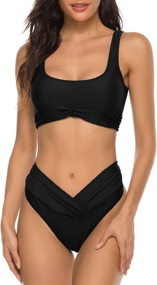 V Cut Criss Cross Swimsuits Ruched Longline Crop Top High Waisted Bathing Suits | Amazon (US)