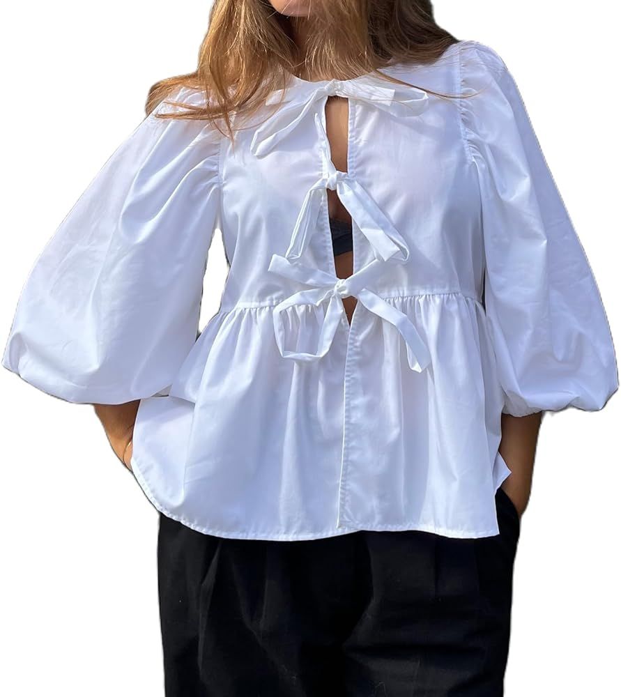 Women Y2K Tie Front Blouse Short Puff Sleeve Peplum Shirt Coquette Ruffle Trim Babydoll Top Summe... | Amazon (US)
