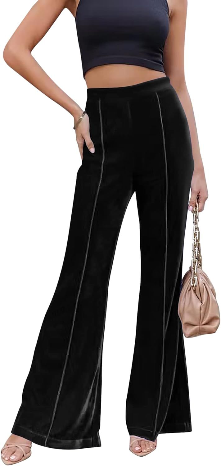 Newffr Women High Waisted Velvet Flare Pants Business Casual Vintage Long Pants Trousers | Amazon (US)