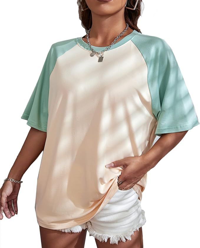 Verdusa Women's Casual Short Sleeve Colorblock Oversized Round Neck Tee Shirt Tops | Amazon (US)