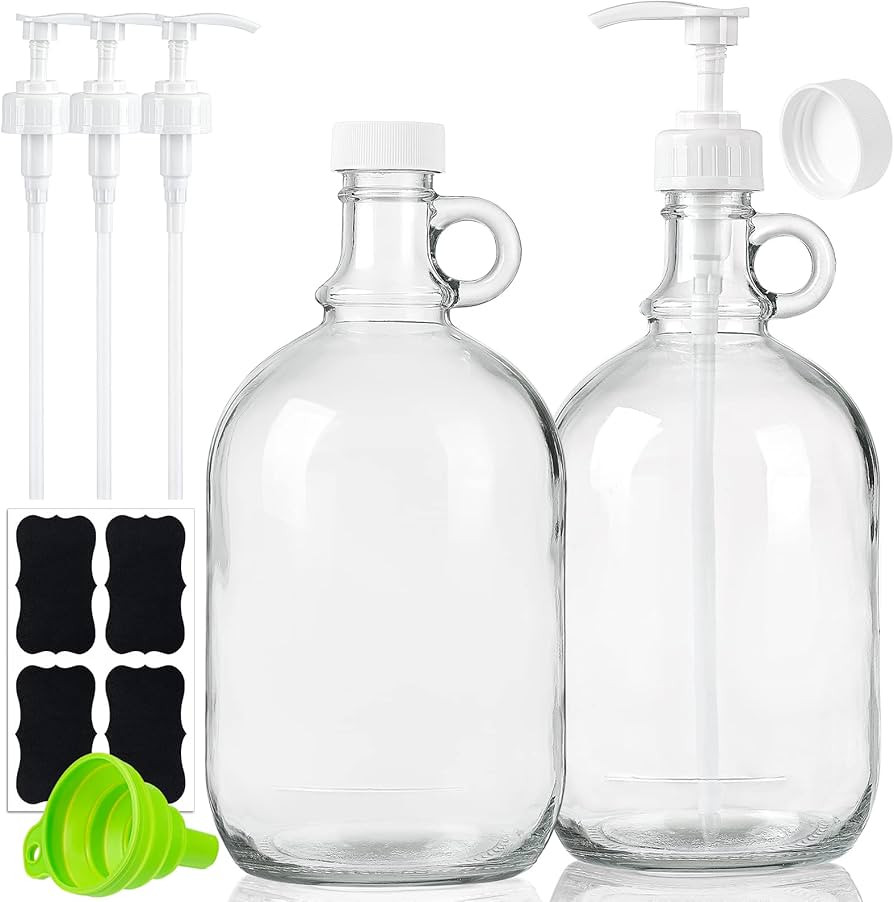 2 Pack 0.5 Gal Glass Pump Dispenser Bottle w 4 Pumps and 2 Airtight Lids! 64 Oz Glass Jug for Lau... | Amazon (US)