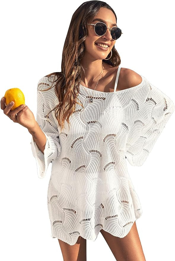 Romwe Women's Swimsuit Cover Ups Loose Scoop Neck Beach Bikini Bathing Suit Cover Up | Amazon (US)