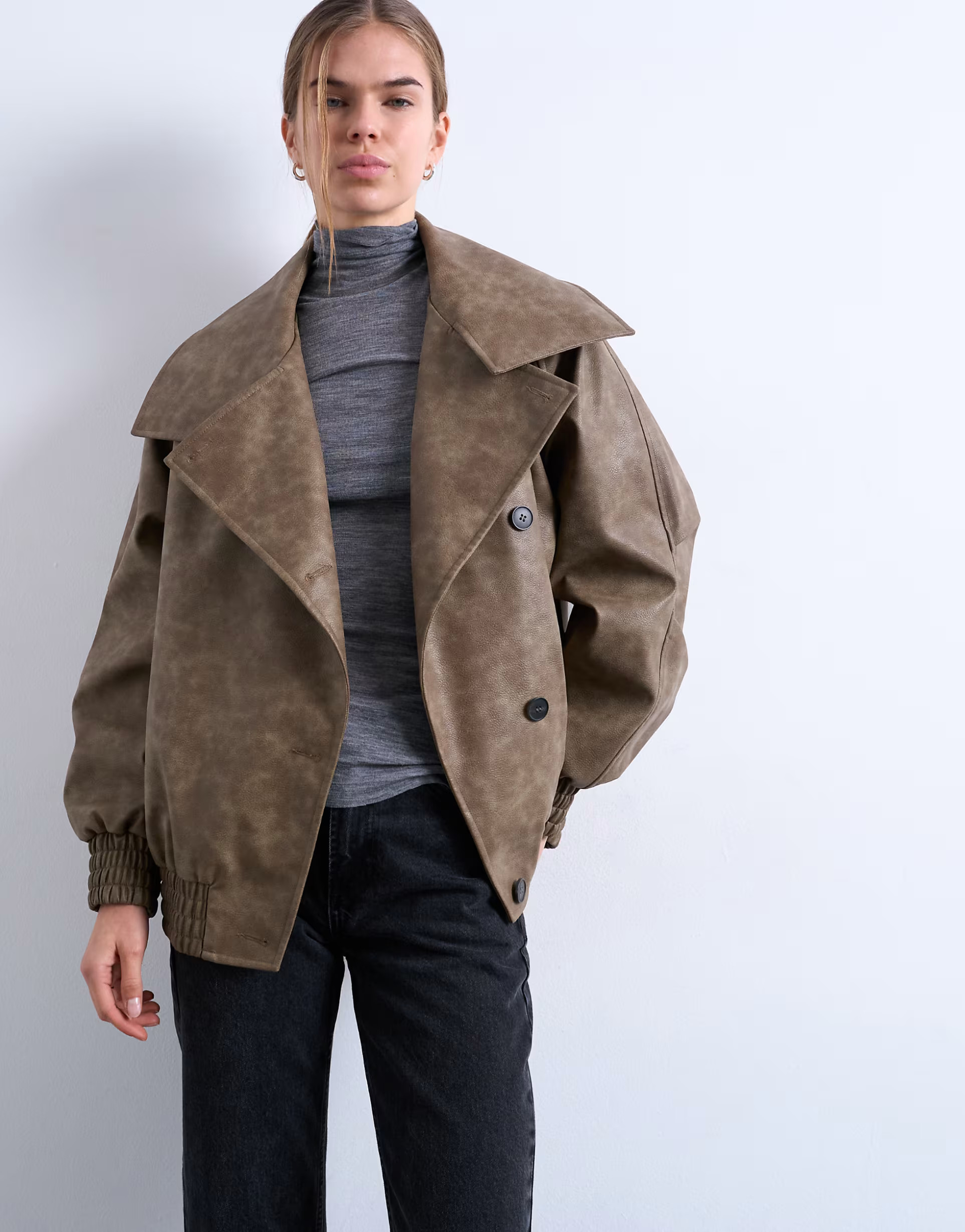 Topshop faux leather asymmetric oversized bomber with funnel neck in washed brown | ASOS (Global)