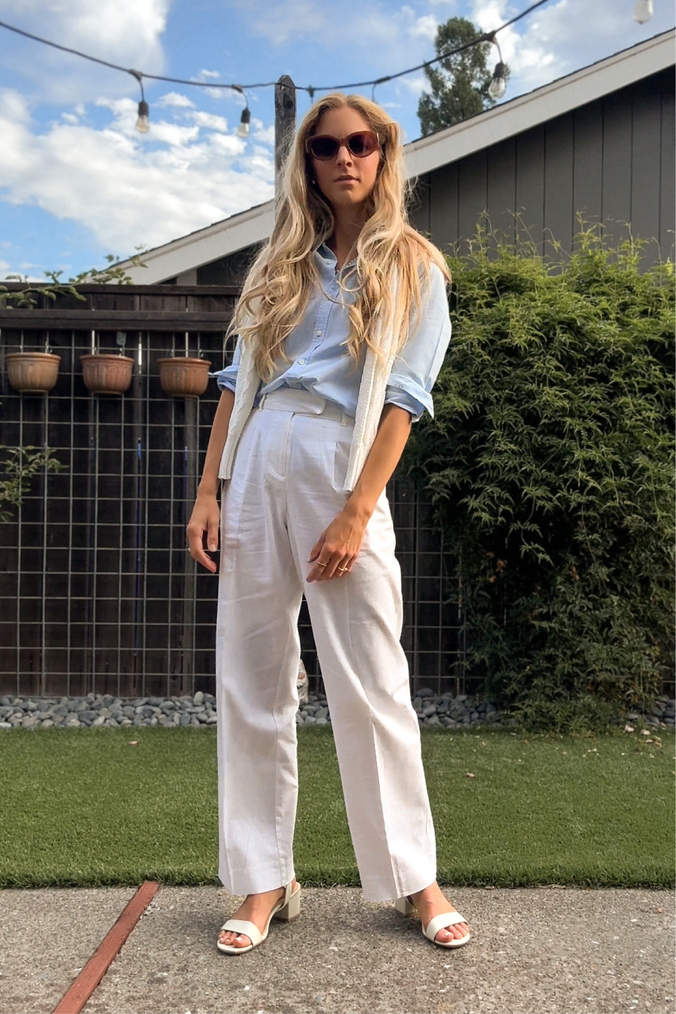 Classic timeless linen outfit. Perfect for vacation, the office, brunch, and even dinner. You can never go wrong with white linen trousers and a classic light blue linen button down. Throw your favorite sweat over your shoulders for an even more elevated look. 

Vacation outfit, classic outfit, timeless, old money style, elevated, simple outfit, linen outfit, European style, European summer, linen pants, linen top, preppy

#LTKStyleTip #LTKTravel #LTKFindsUnder100