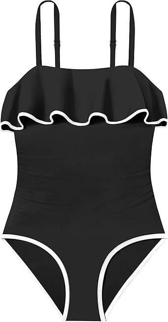 Girls Swimsuit One Piece Swimsuits Ruffle Solid Color Bathing Suit for Teens Contrast Trim Swimwe... | Amazon (US)