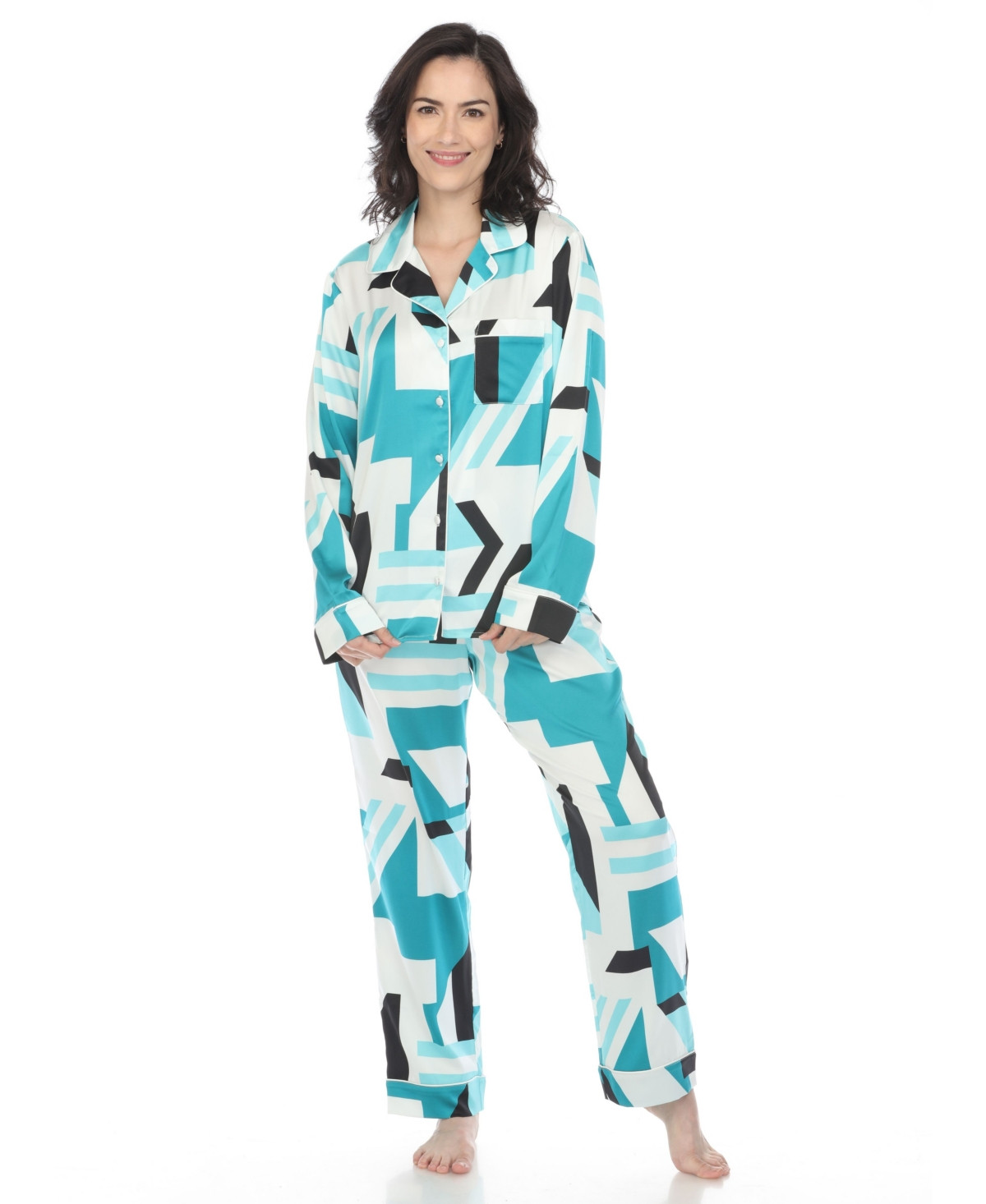 White Mark Women's Printed Satin Pajama Set - Teal | Macy's
