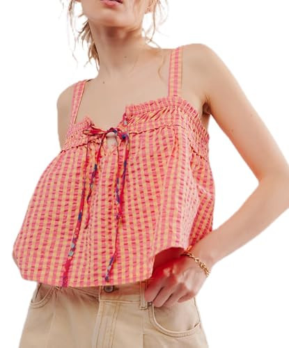 Women Y2k Gingham Crop Tops Sleeveless V Neck Shirred Peplum Tank Tops Vintage Plaid Bow Tie Cropped Cami Tops(Plaid Orange Red,Small) | Amazon (US)