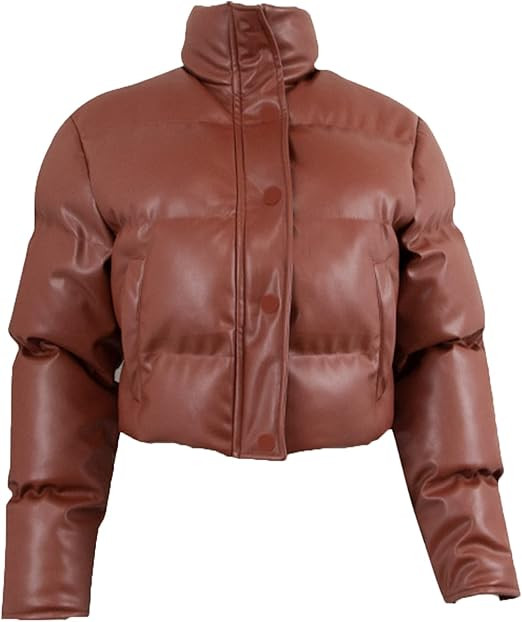 DGHM-JLMY Women's Winter Warm Leather Cropped Quilted Puffer Jacket Pu Leather Collar Jacket Crop... | Amazon (US)
