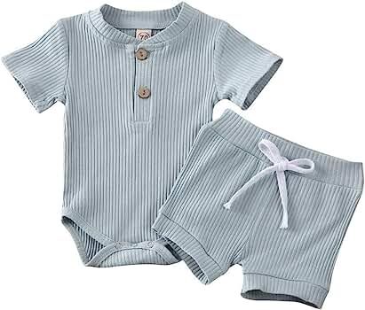 Baby Boy Girl Ribbed Set Newborn Short Sleeve Bodysuit Top Knit Shorts Summer Outfit Basic ... | Amazon (US)