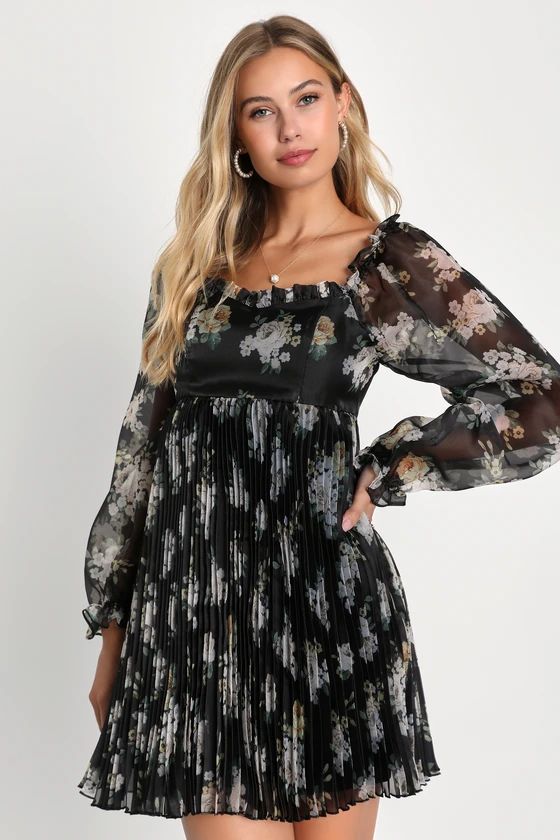 Sweetest Affection Black Floral Pleated Babydoll Mini Dress | Lulus (US)