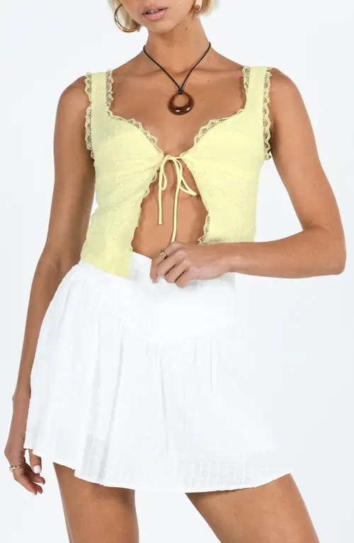 Princess Polly Merrelle Lace Trim Tie Front Tank in Lemon at Nordstrom, Size 10 | Nordstrom
