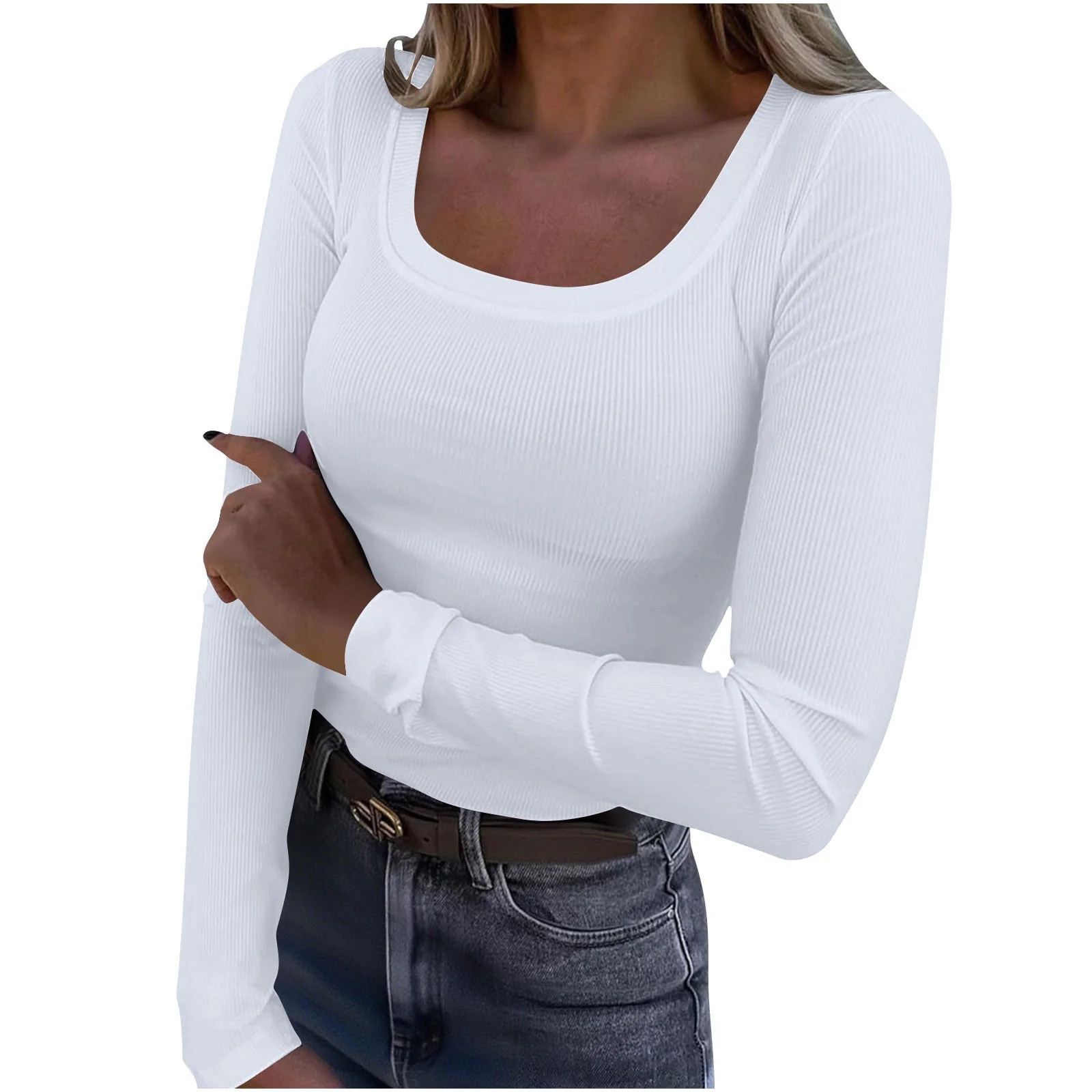 ZHYou Womens Shirts Ribbed Knit Scoop Neck Long Sleeve Tops Stretchy Slim Fit Basic Tees,White,Si... | Walmart (US)