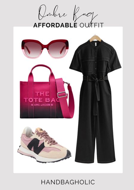 Make a statement with this ombre Marc Jacobs the tote bag in pink style with an easy to wear denim jumpsuit, pink sunglasses and some newbalance trainers for comfort. #marcjacobs #marcjabobstotebag #totebag #pinkbag #springoutfit #ootd #summeroutfit #styleinsp #outfitinspo #outfitinspiration #summerlook #summerstyle #jumpsuitt