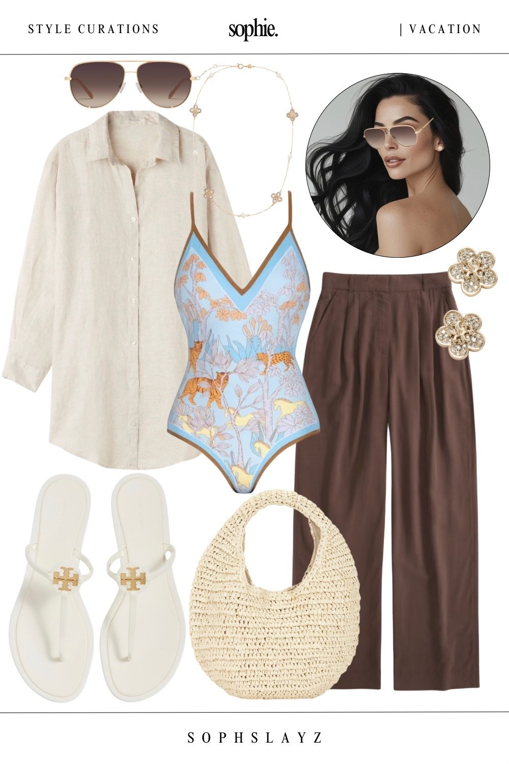 This look: printed one piece swimsuit, linen button down shirt, brown wide leg pants, woven straw tote, white flat sandals, gold floral stud earrings, delicate gold necklace, aviator sunglasses.
Effortless resort layering with a chic, relaxed edge. Perfect for poolside lounging, resort days, or relaxed afternoons by the water.

🔎 vacation outfit, resort wear women, swimsuit outfit, linen shirt, wide leg pants, straw bag, summer travel look, beach outfit, pool outfitt


#LTKootd #LTKTravel