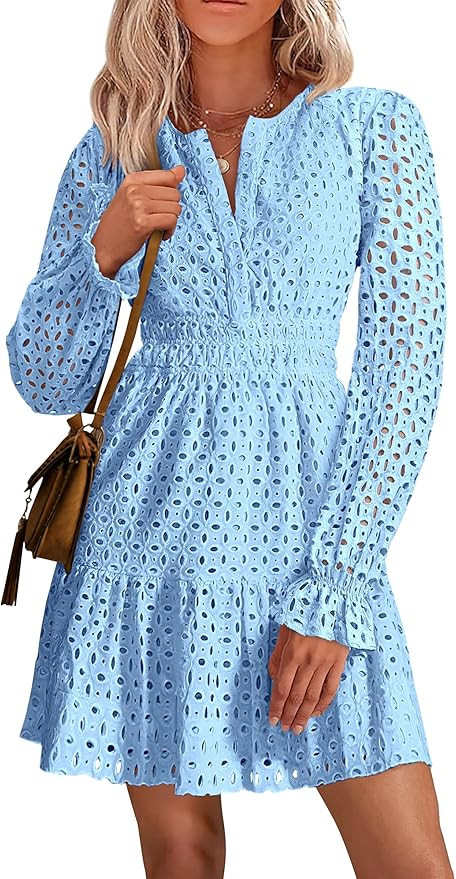 PRETTYGARDEN Women's 2025 Long Sleeve Mini Dress Eyelet V Neck A Line Casual Elegant Holiday Wedd... | Amazon (US)