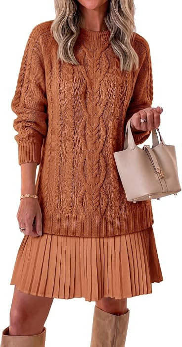 Saodimallsu Womens Cable Knit Sweater Dress Patchwork Pleated Long Sleeve Crewneck Fall Chunky Pr... | Amazon (US)