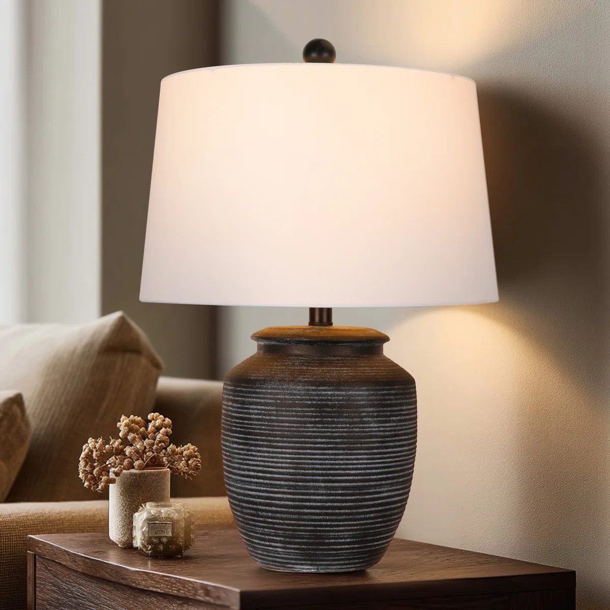24.5" Rustic Ceramic Pot Table Lamp for Bedroom Living Room Dining Home Office Entryway, Black | Wayfair North America