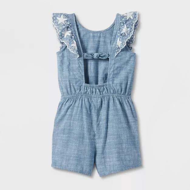 Girls' Chambray Flutter Sleeve Americana Romper - Cat & Jack™ Blue | Target