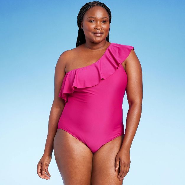 Women's Ruffle One Shoulder High Coverage One Piece Swimsuit - Kona Sol™ Pink | Target