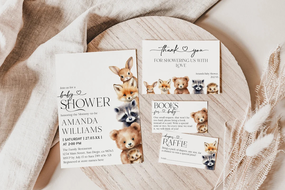 Woodland Baby Shower Digital Invitation Bundle, Woodland Animals Gender Neutral Invite, Modern Mi... | Etsy (US)