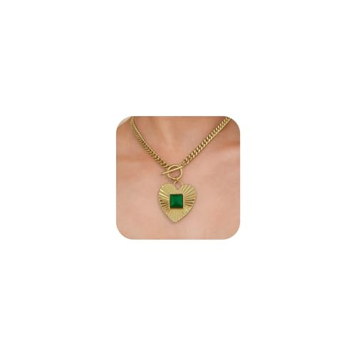 ENSKEFEN Gold Heart Pendant Necklaces for Women Trendy Green Square Rhinestone Heart Choker Necklace Vintage Chunky Cuban Chain Necklace | Amazon (US)