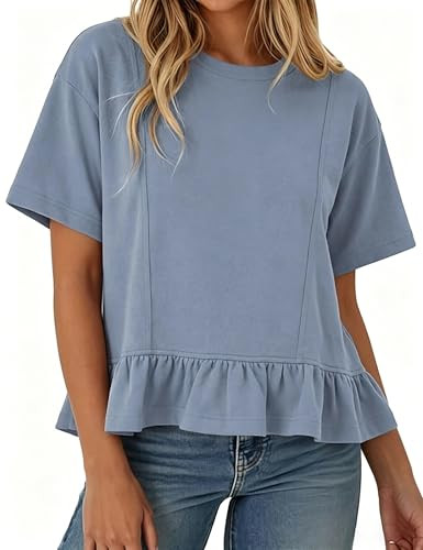 Women Summer Short Sleeve T-Shirts Ruffled Peplum Hem Knit Tee Crew Neck Badydoll Pleated Tops | Amazon (US)