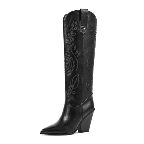 ISNOM Women's Cowboy Boots - Black Knee High Western Cowgirl Boots With Vintage Block Heels | Amazon (US)