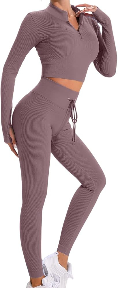 KIKIWING Workout Sets for Women 2 piece Ribbed Workout Outfits Sports Bra Zipper High Waist Leggings | Amazon (US)