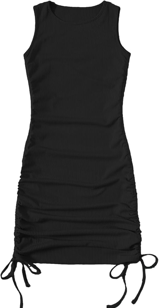 Amazon.com: GORGLITTER Women's Ruched Drawstring Bodycon Mini Dress Tie Side Ribbed Knit Sleevele... | Amazon (US)