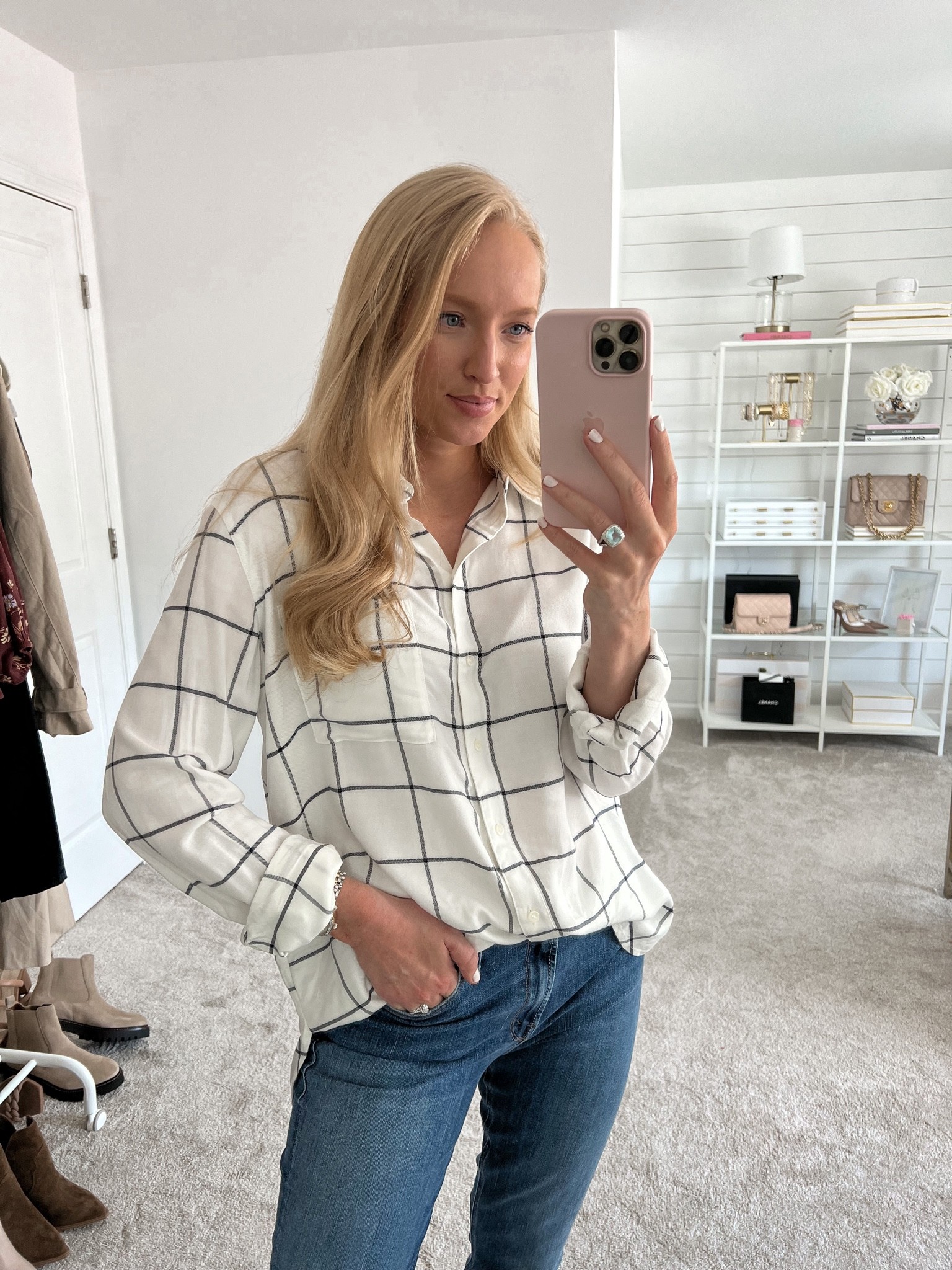 Ultra soft plaid button down top is restocked! It runs big, I’m wearing a small and it has an oversized fit  